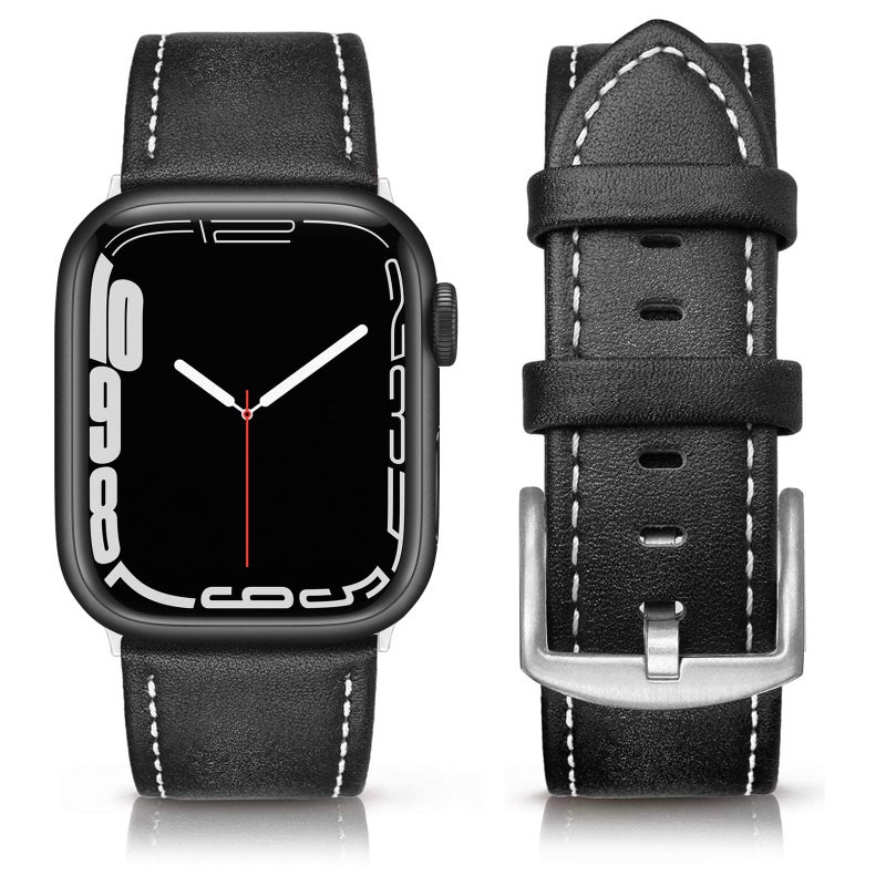 SWEES Leather Band Compatible for Apple Watch 42mm 44mm 45mm, Genuine Leather Replacement Wristband Strap Compatible iWatch Series 7 6 5 4 3 2 1 SE Sports & Edition Men And Women, Classic Black - Image 1